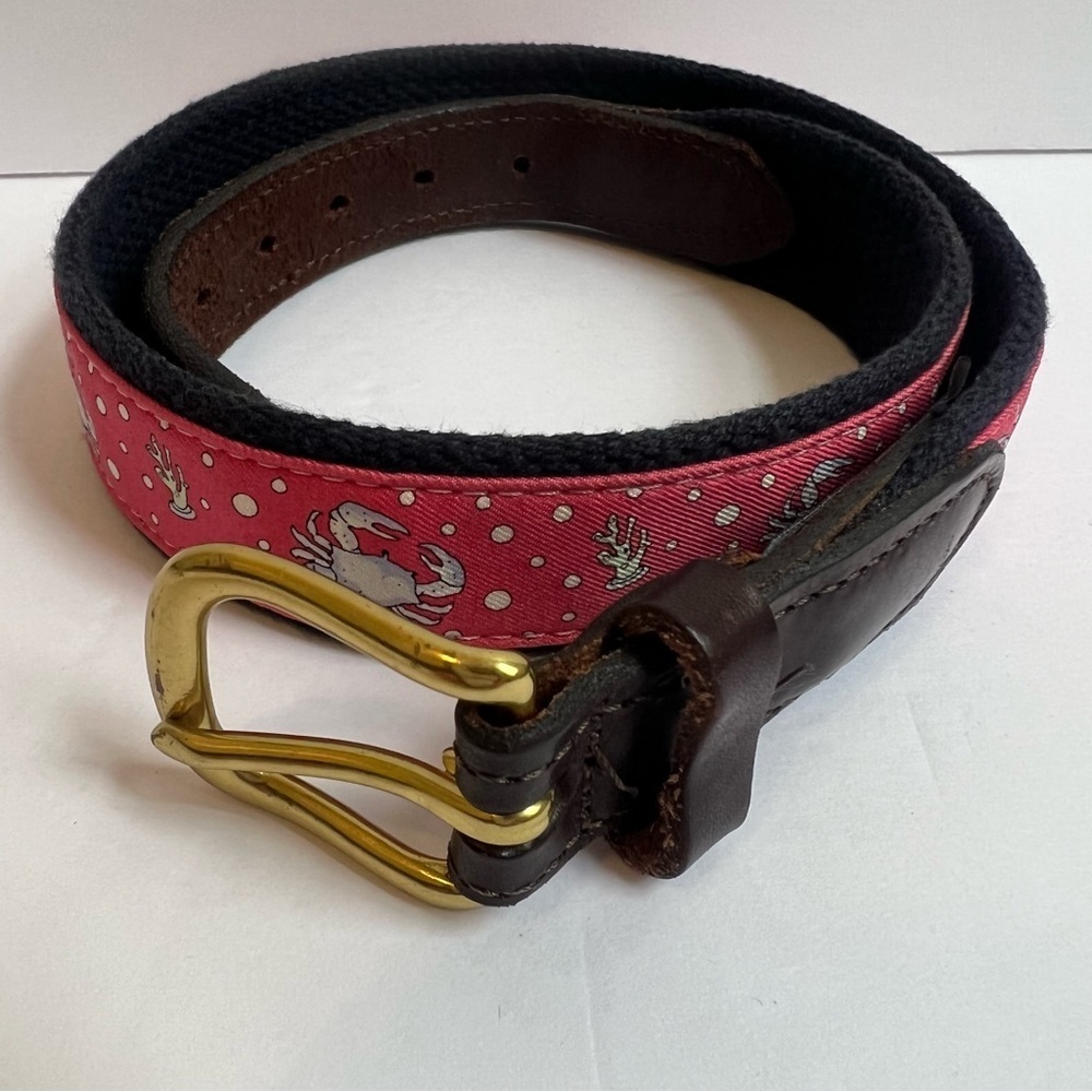 Vineyard Vines Shep & Ian Crab Coral Leather Canvas Coastal Preppy Belt Size 26